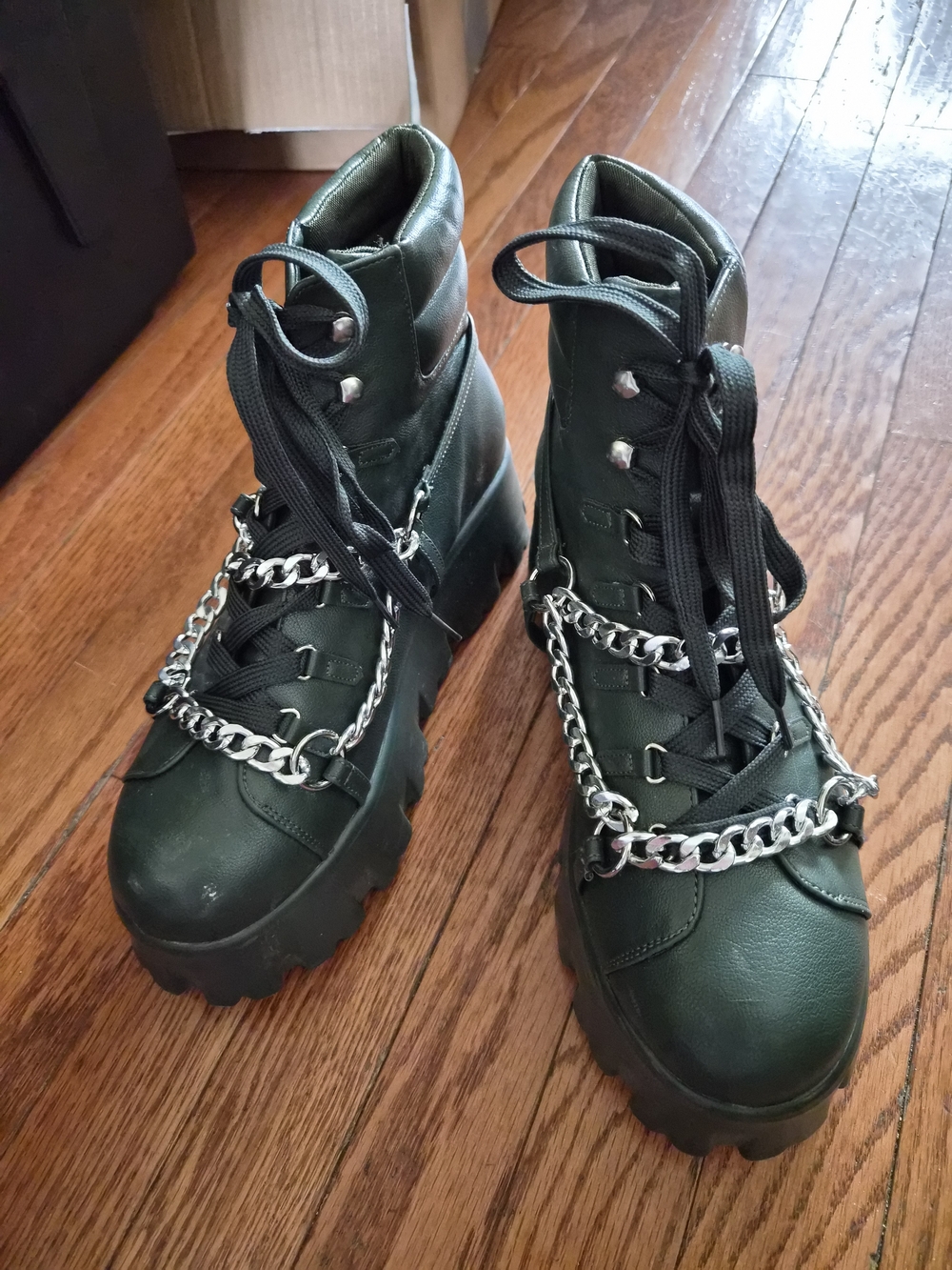 Cape Robbin Dark Green Platform Combat Boots with Silver Chains